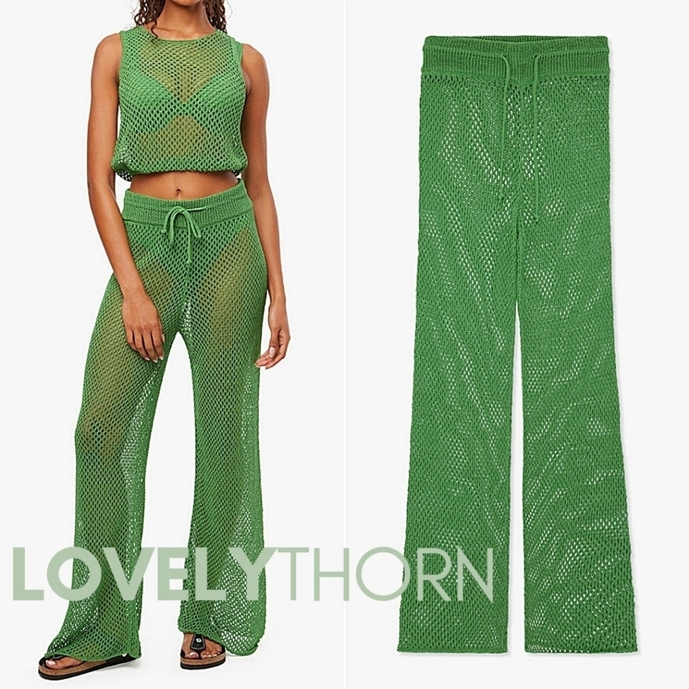 WE WORE WHAT // green crochet drawcord cover-up wide leg Danielle Bernstein